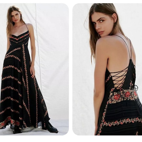 Free People Bella Metallics Striped Laced Up Side Party Luxe Maxi Dress 2 $350